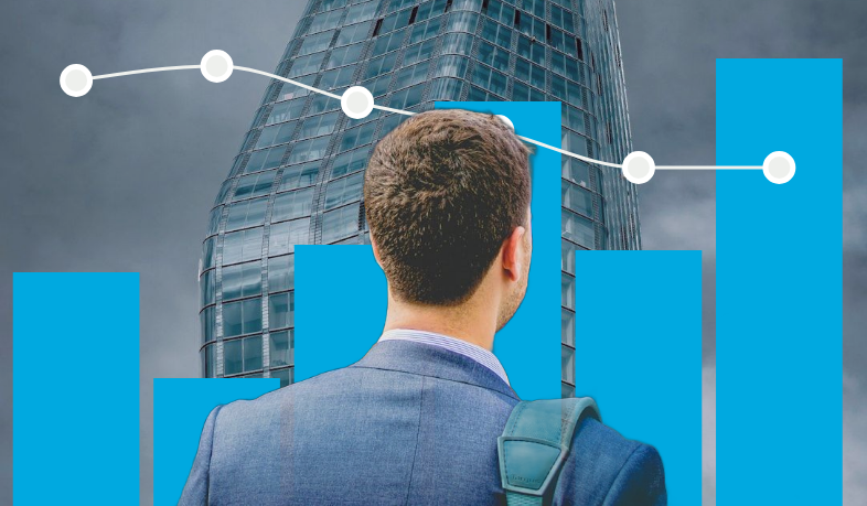 A man standing in front of a business tower, thoughtfully planning an insurance product—considering pricing, reinsurance strategy, and go-to-market approach.