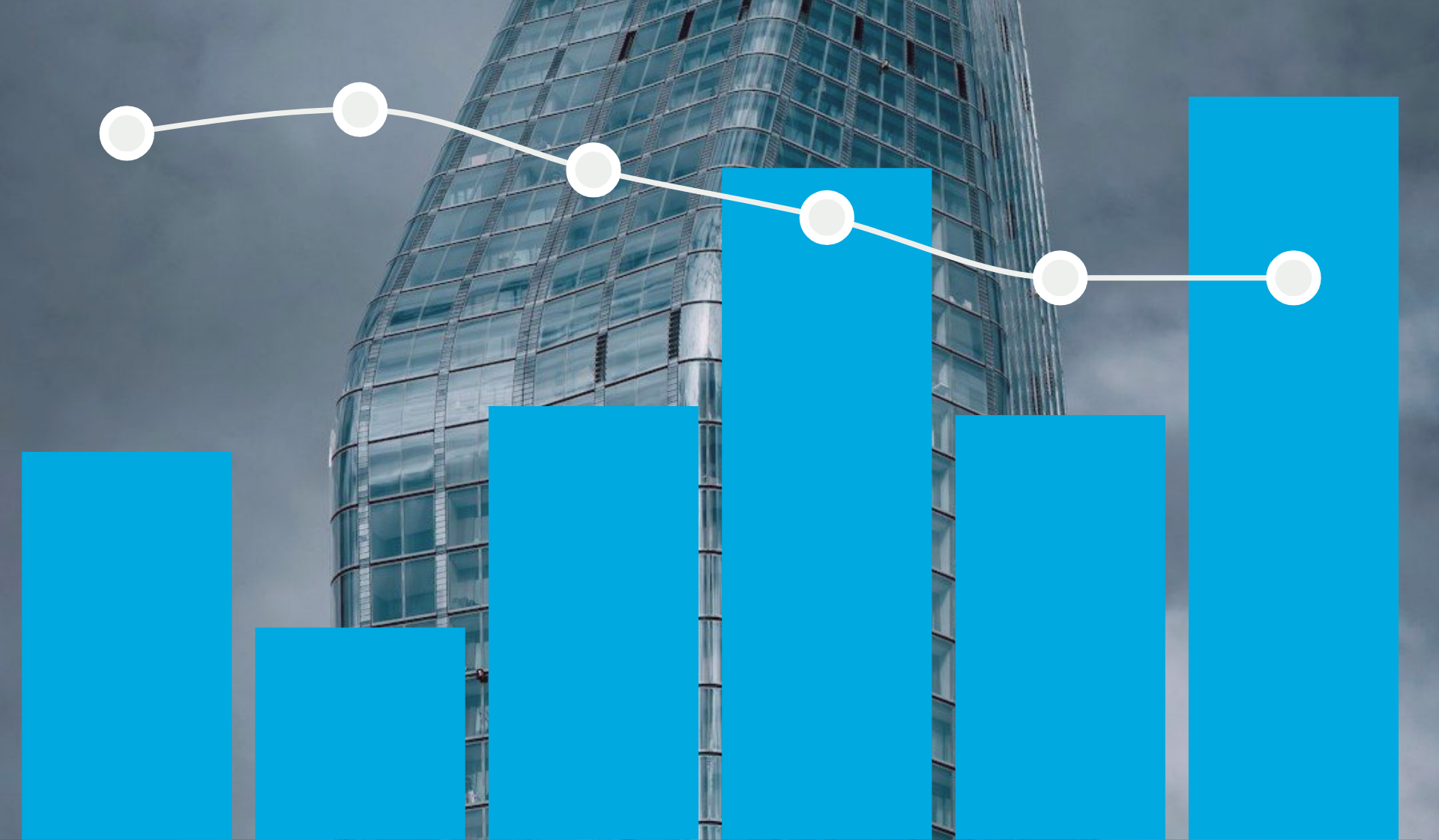 Partage pricing calculation visual with line and gradient chart in front of a business tower, symbolizing advanced insurance pricing and financial modeling.