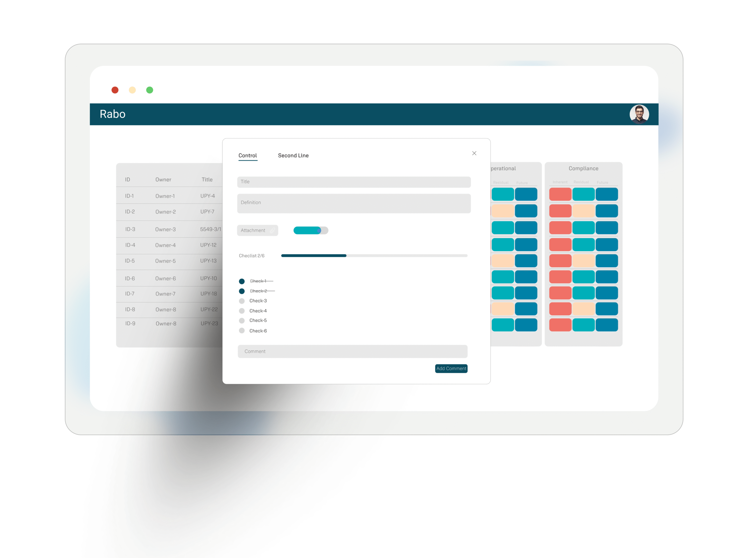 Interactive internal control dashboard showing control status, risk levels, and execution timelines in real time.